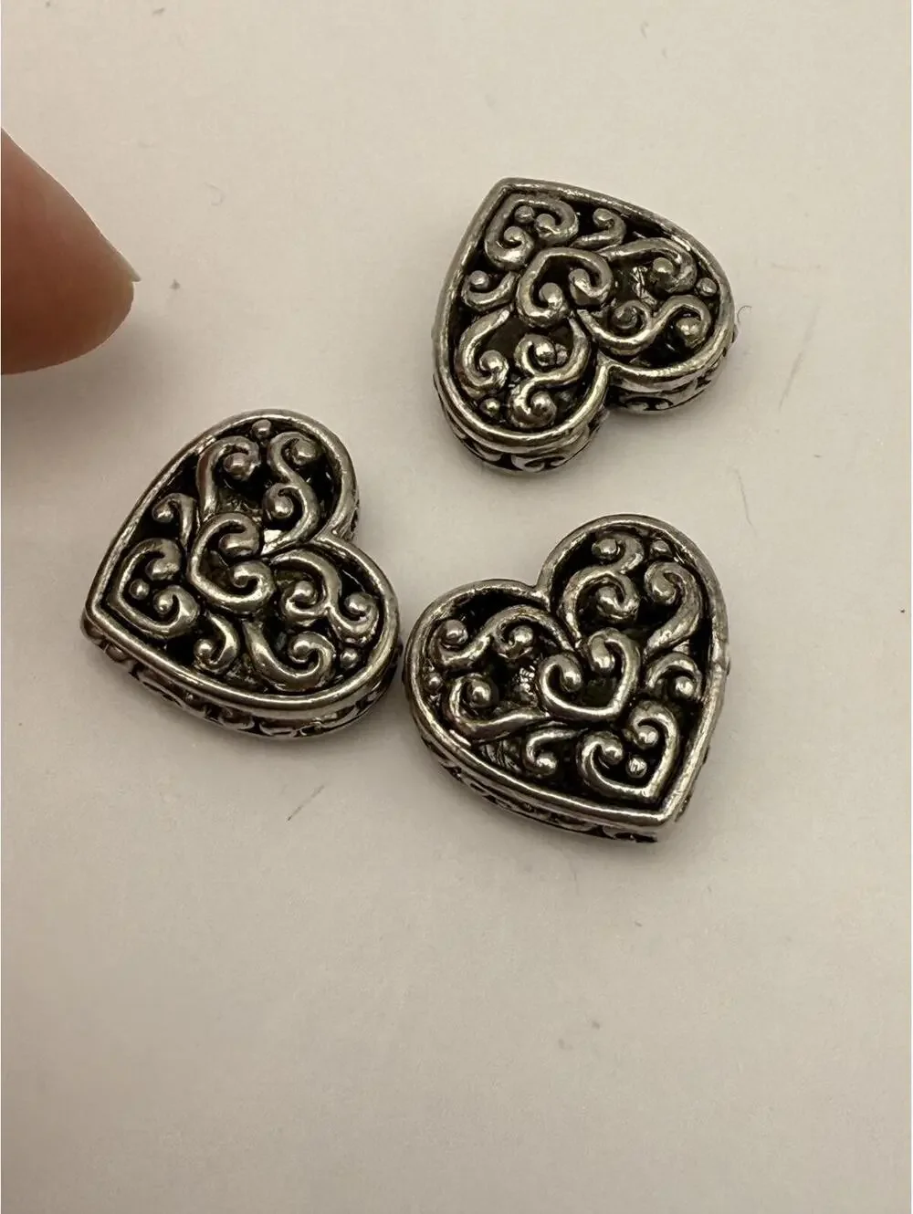 3 large Heart-Shaped Silver Beads